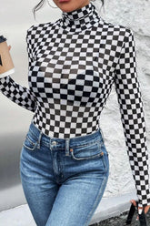 Checkered Turtleneck Long Sleeve Bodysuit OutfitFlow